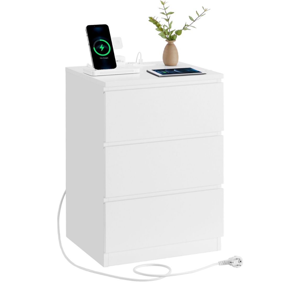 Sängbord med 3 lådor och laddstation – USB + eluttag, 40×35×59 cm, molnvit