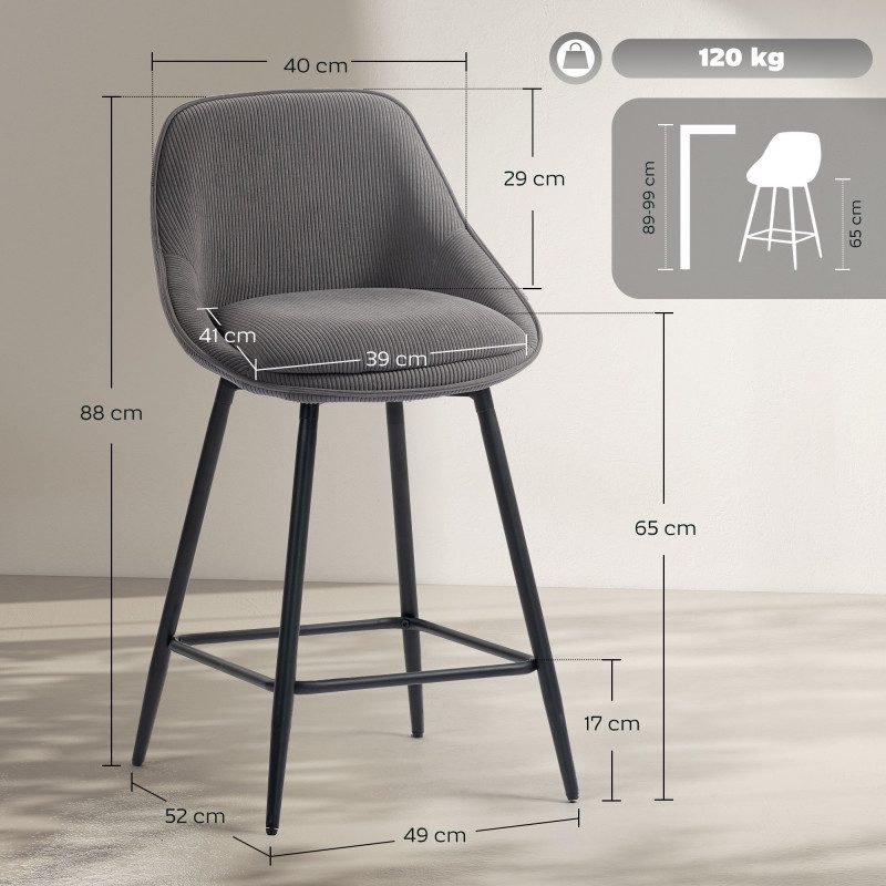 Set med 2 Barstolar – Grå Cordtyg, Snurrfunktion & Ryggstöd