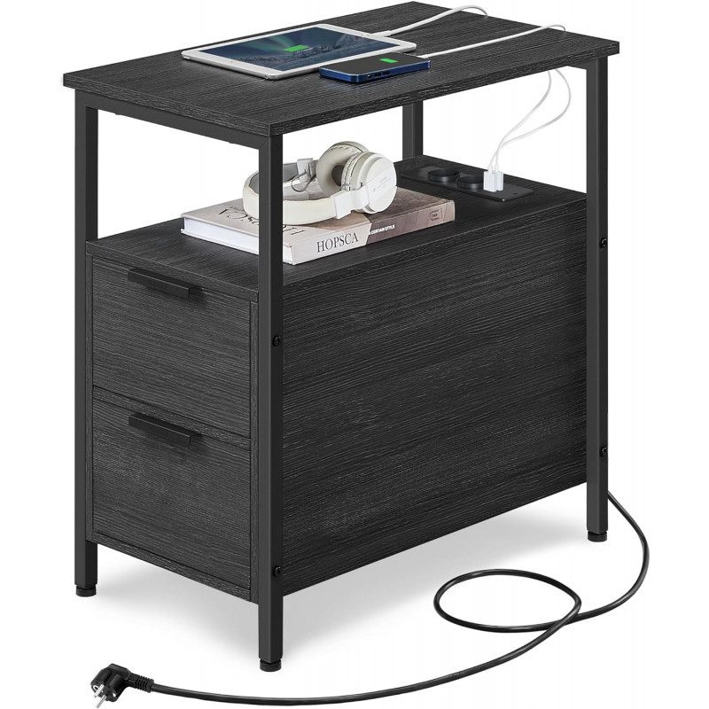 Sidobord med laddstation i svart – eluttag och USB, 2 lådor, 35 × 60 × 61 cm