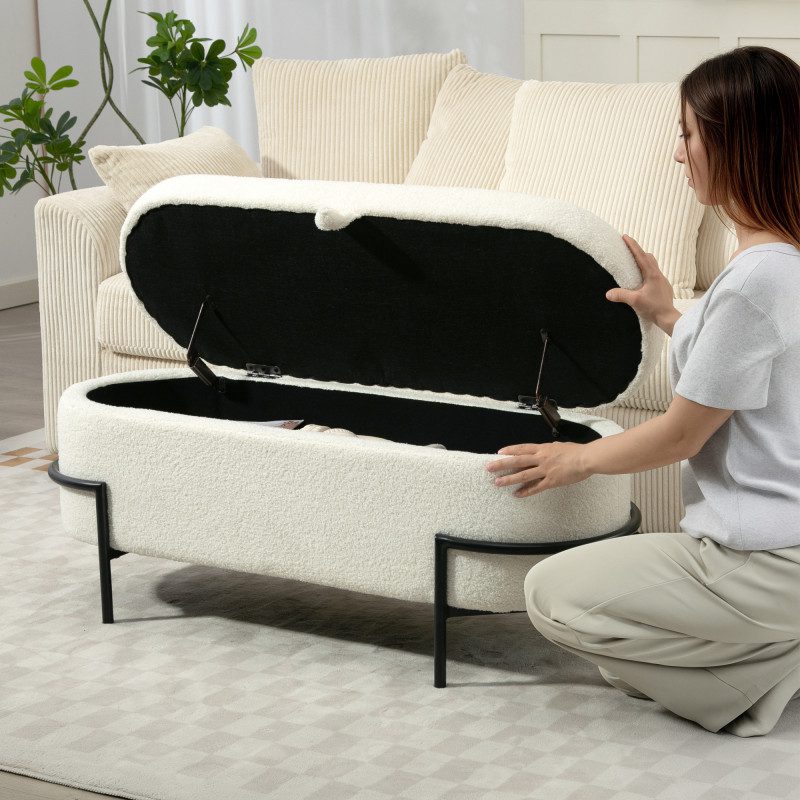 Sittbänk med Förvaring – Oval, Krämvit Teddy Fleece & Svarta Stålben