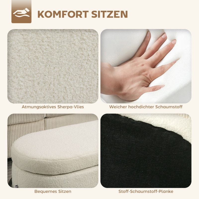 Sittbänk med Förvaring – Oval, Krämvit Teddy Fleece & Svarta Stålben