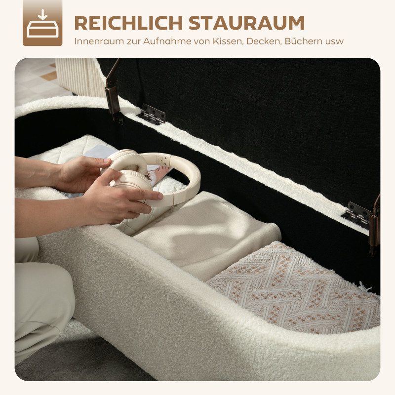 Sittbänk med Förvaring – Oval, Krämvit Teddy Fleece & Svarta Stålben