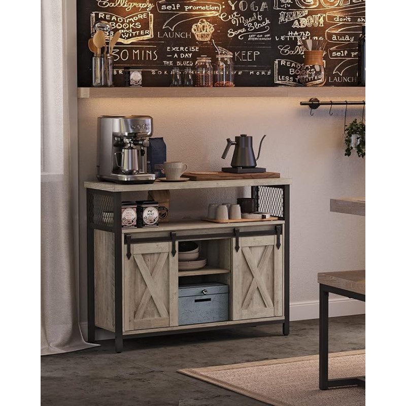 Skänk i greige med skjutdörrar – rustik industriell design, 100×33×80 cm