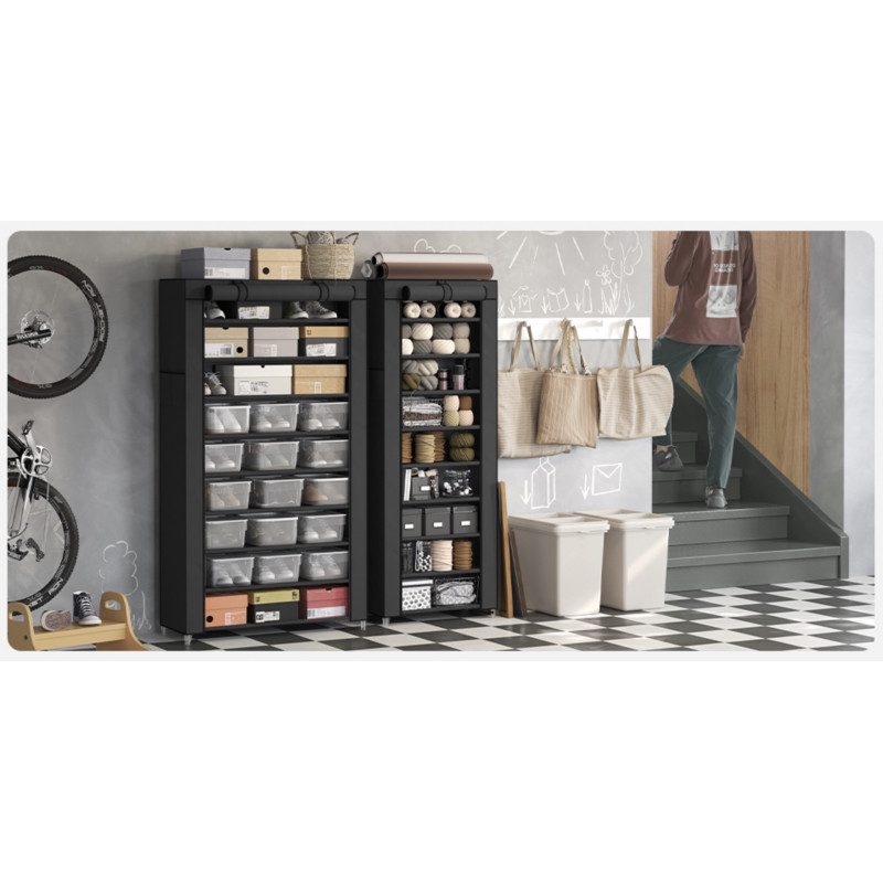 Skoförvaring i Svart Tyg med Dörr – 27 par, 160 cm Hög