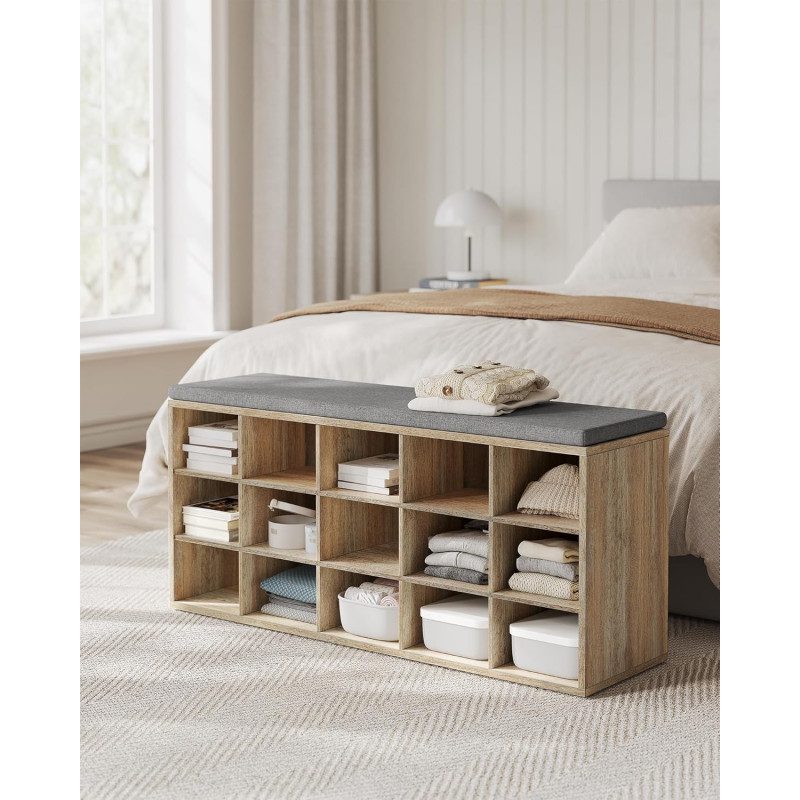 Skohylla med bänk och dyna, 15 fack – 105×30×48 cm – brun/grå