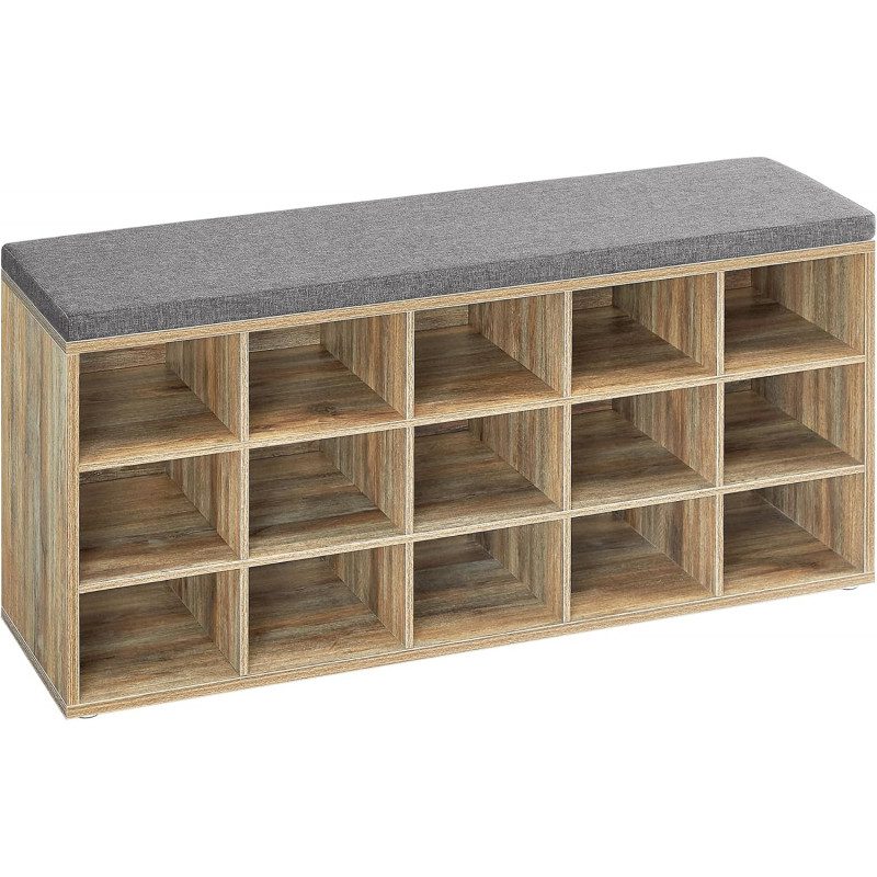 Skohylla med bänk och dyna, 15 fack – 105×30×48 cm – brun/grå