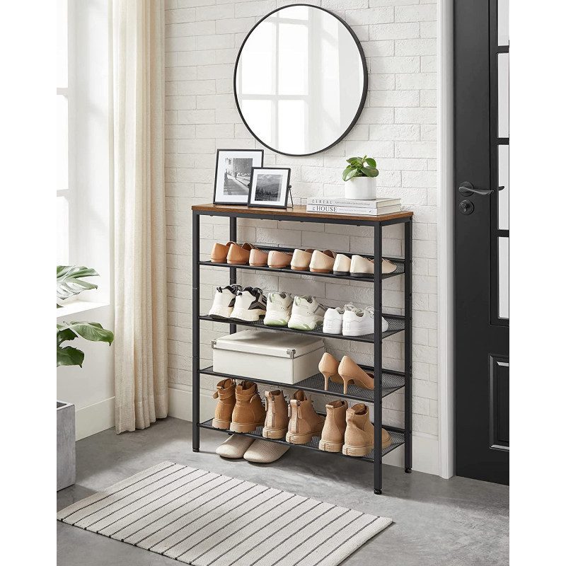 Skoställ 5-plan – Industriell Stil i Vintage Brun och Svart (75 x 28 x 93 cm)