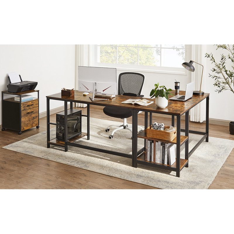 Skrivbord i industriell stil med två hyllplan – vintage brun/svart, 140 × 60 × 75 cm