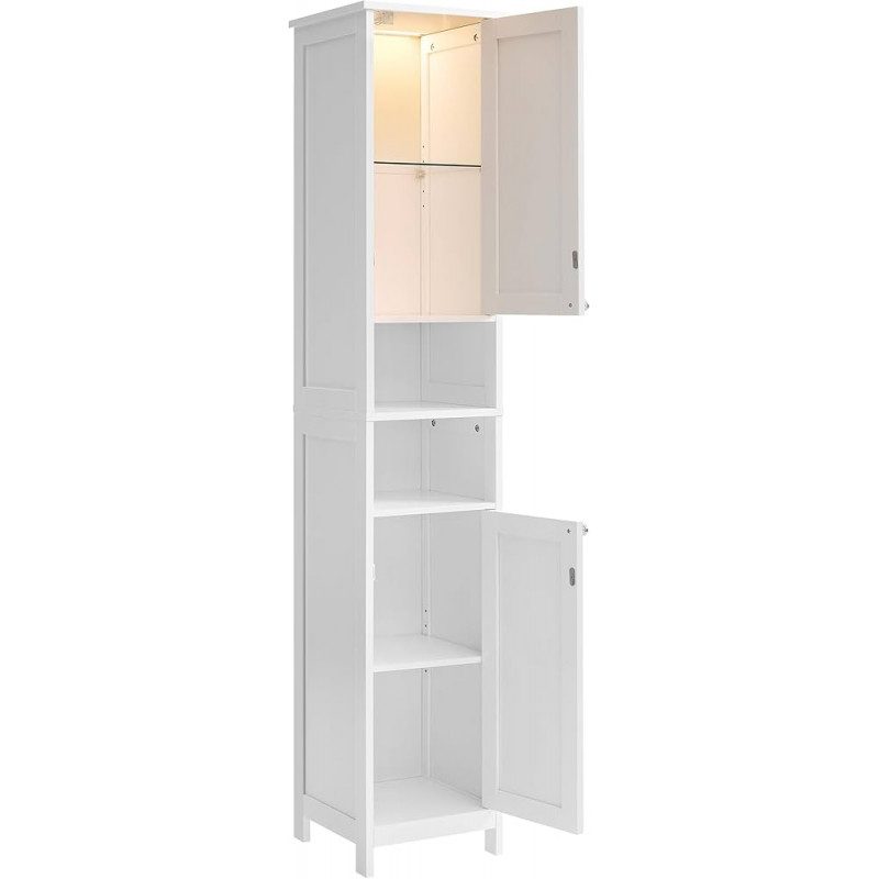 Smalt förvaringsskåp för badrum med LED-belysning – vit, 30×30×170 cm