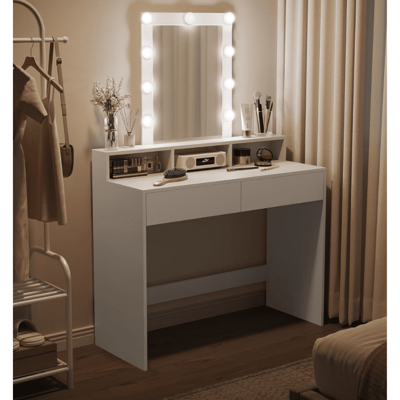 Sminkbord 100 cm med spegel och LED-ljus, utrustat med 2 lådor och 3 fack