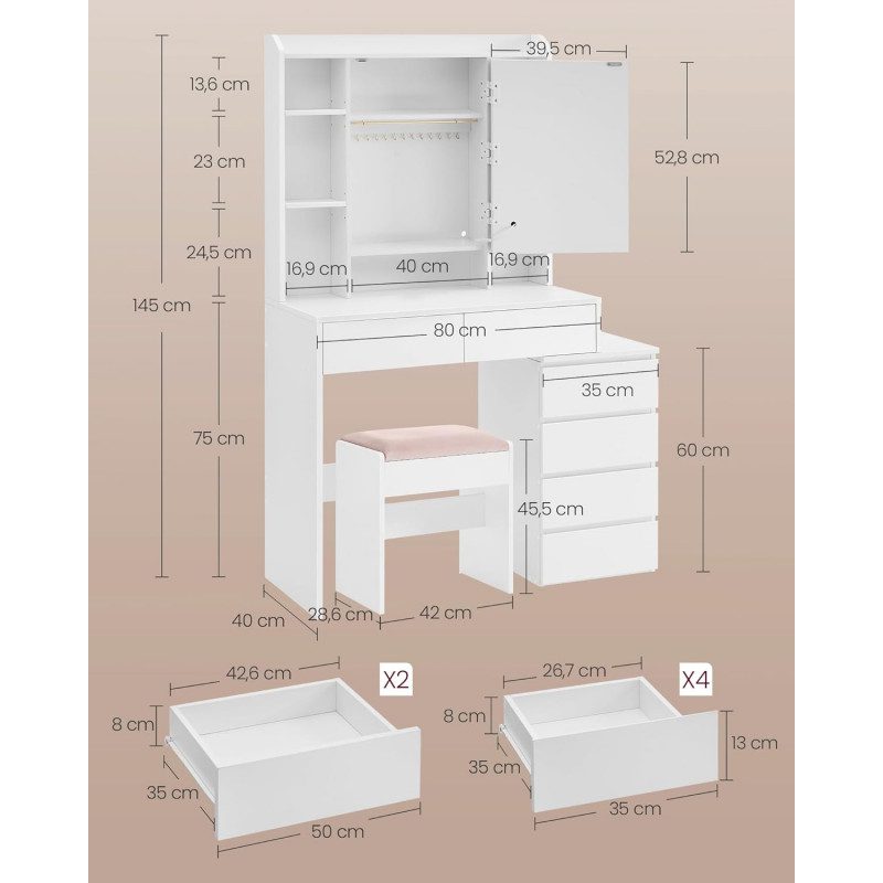 Sminkbord i molnvit med LED-spegeldörr och dold kabeldragning, inklusive pall – 40 × 97,5 × 145 cm