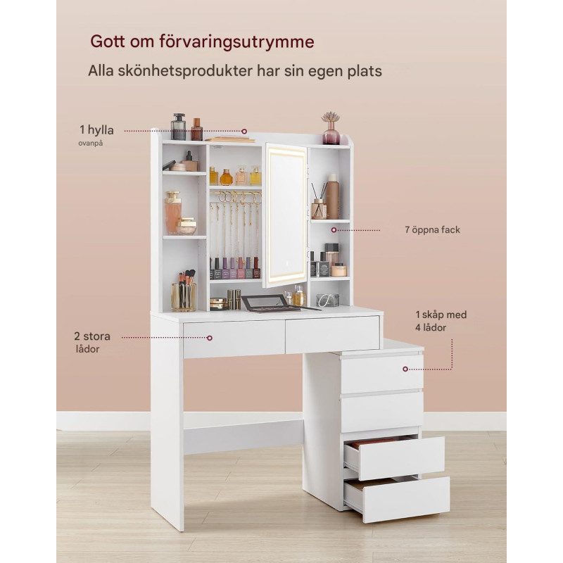 Sminkbord i molnvit med LED-spegeldörr och dold kabeldragning, inklusive pall – 40 × 97,5 × 145 cm