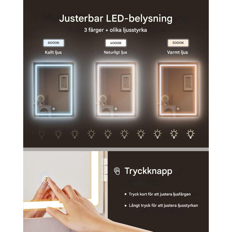 Sminkbord i molnvit med LED-spegeldörr och dold kabeldragning, inklusive pall – 40 × 97,5 × 145 cm