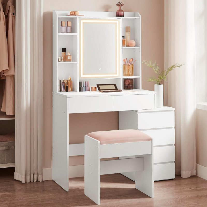 Sminkbord i molnvit med LED-spegel­dörr och dold kabeldragning, inklusive pall – 40 × 97,5 × 145 cm