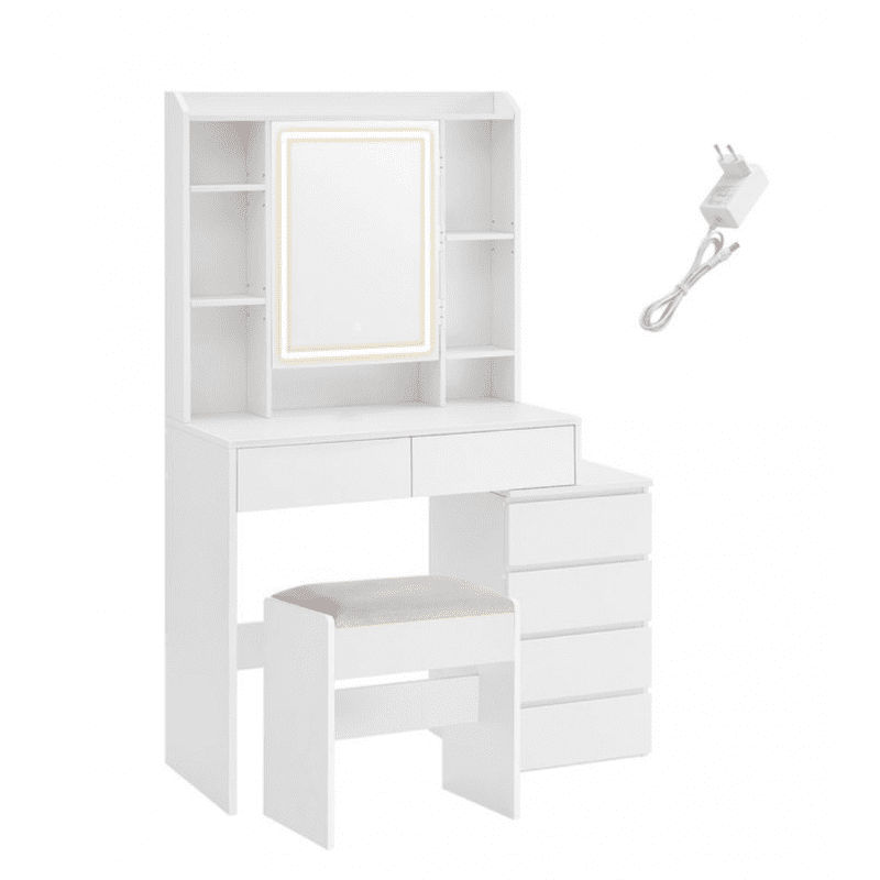 Sminkbord i molnvit med LED-spegeldörr och dold kabeldragning, inklusive pall – 40 × 97,5 × 145 cm