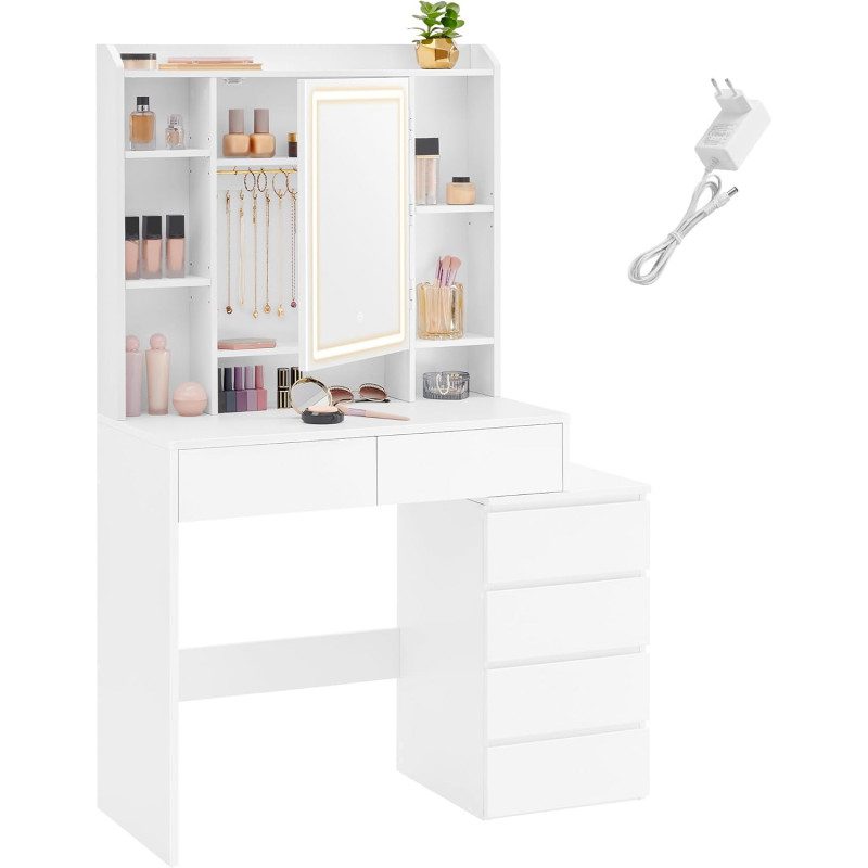 Sminkbord med LED-spegel och justerbara hyllor – vit, 97,5 cm, med lådor och skåp