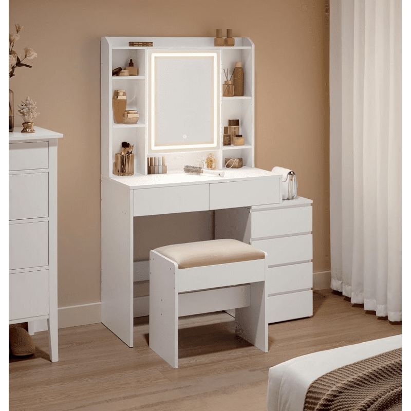 Sminkbord med LED-spegel och justerbara hyllor – vit, 97,5 cm, med lådor och skåp