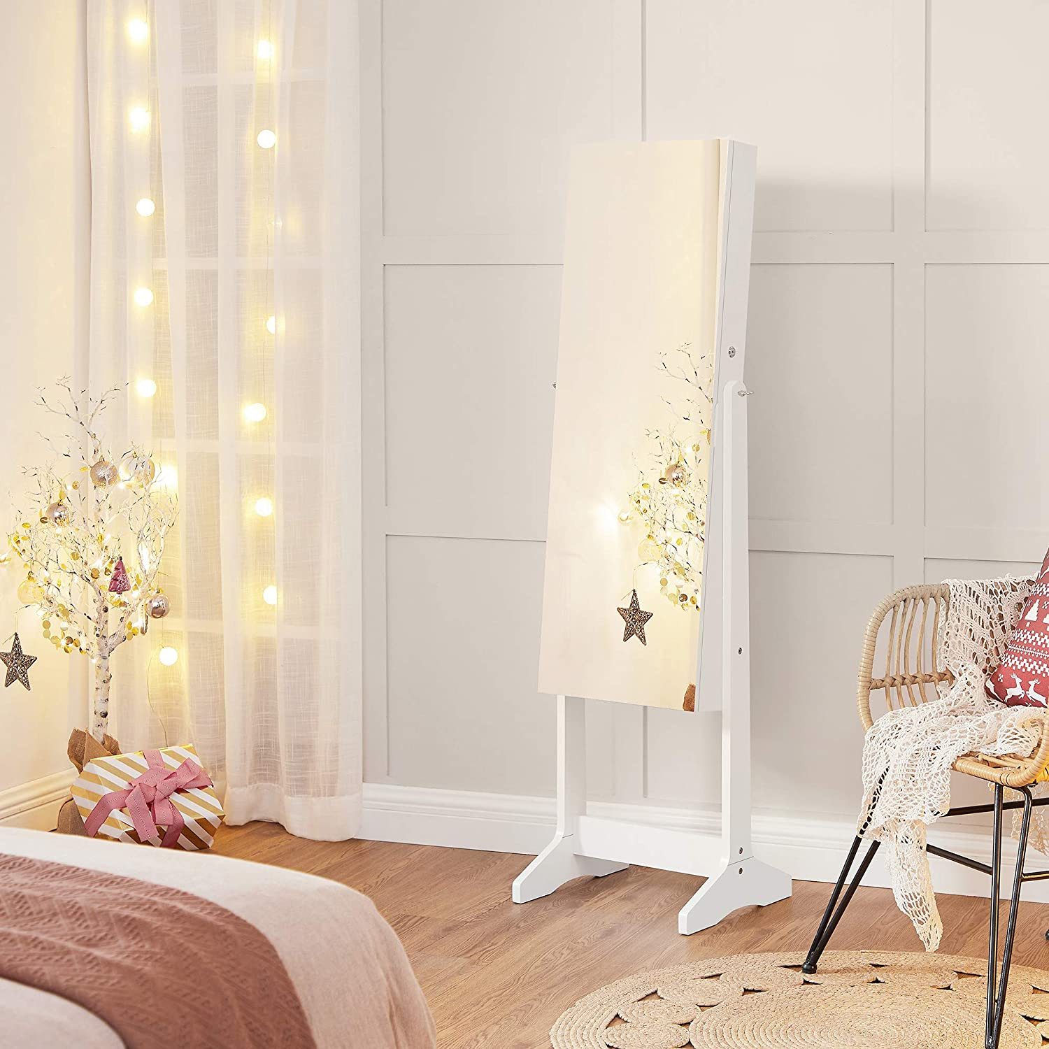 Smyckesskåp med spegel Vit - låsbar förvaring till 108 smycken