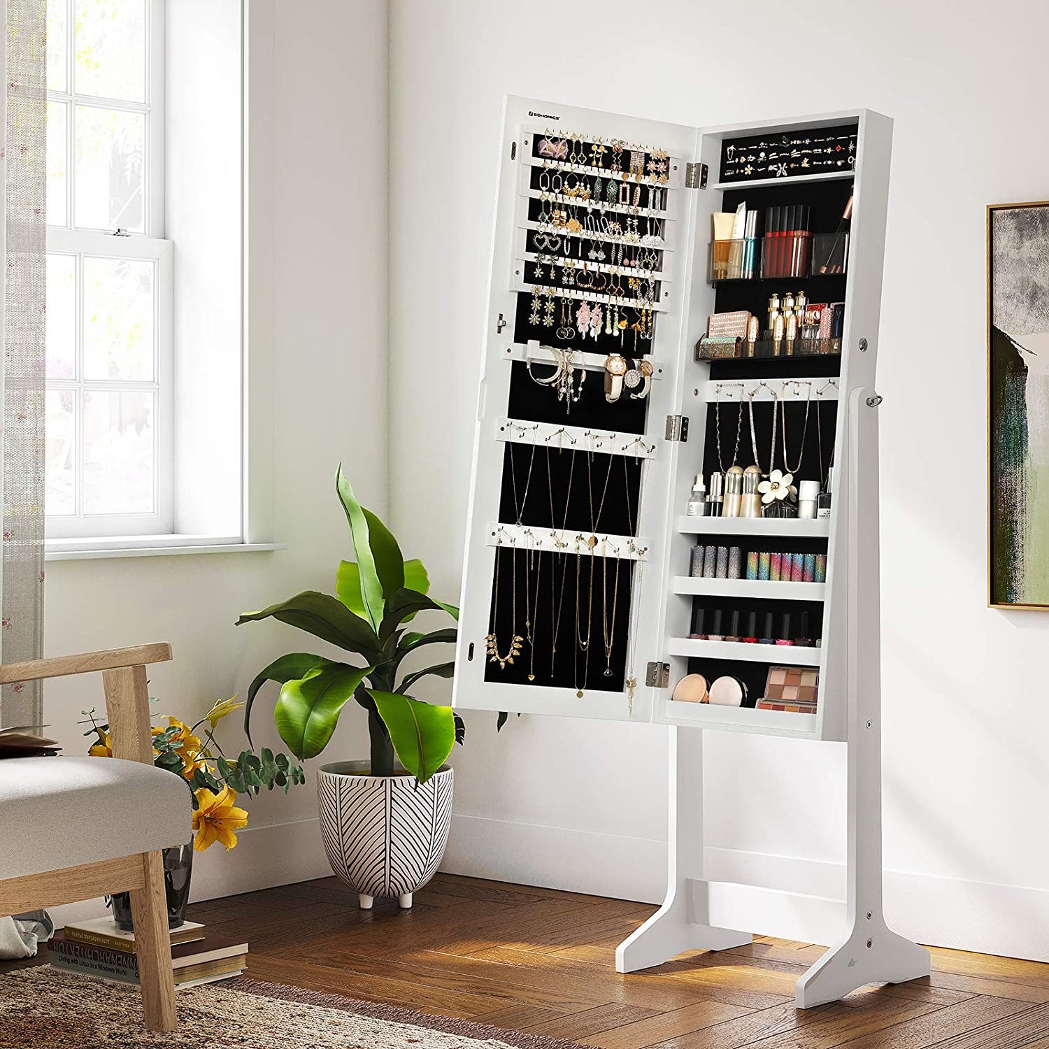 Smyckesskåp med spegel Vit - låsbar förvaring till 108 smycken
