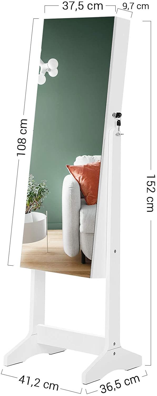 Smyckesskåp med spegel Vit - låsbar förvaring till 108 smycken