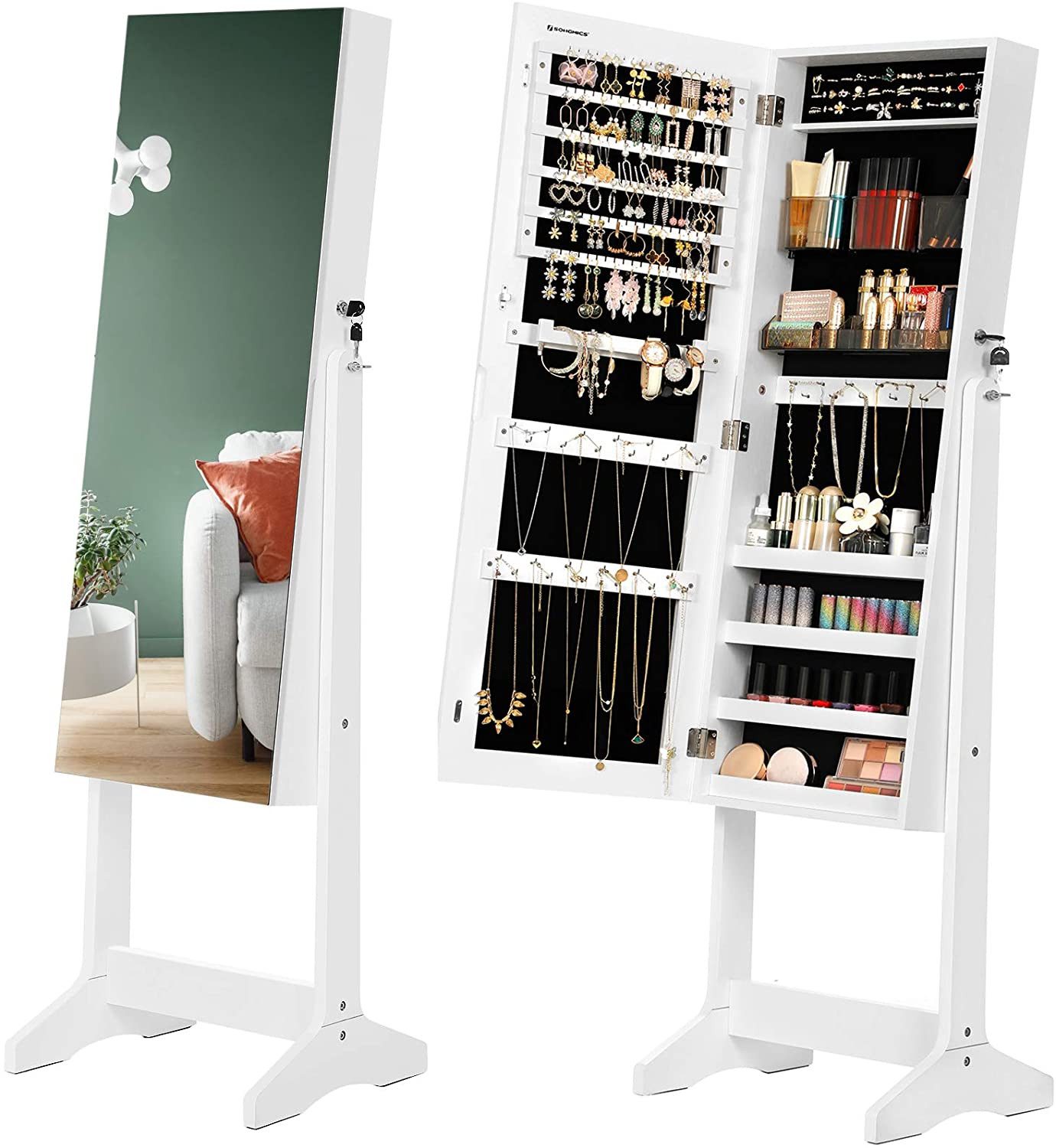 Smyckesskåp med spegel Vit - låsbar förvaring till 108 smycken