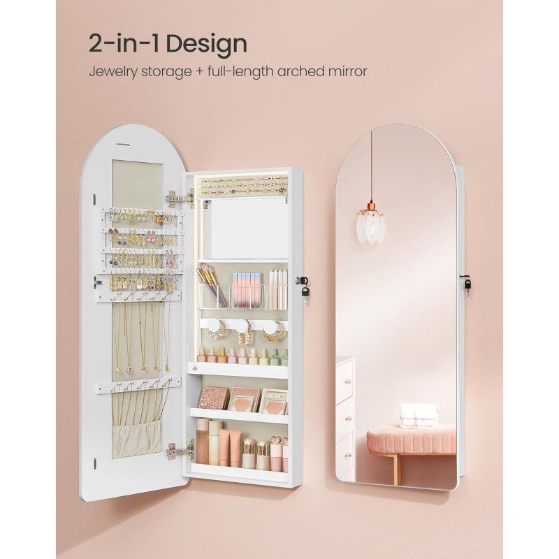 Smyckesskåp med välvd spegel, LED-ljus och förvaring för vägg eller dörr – 108 cm