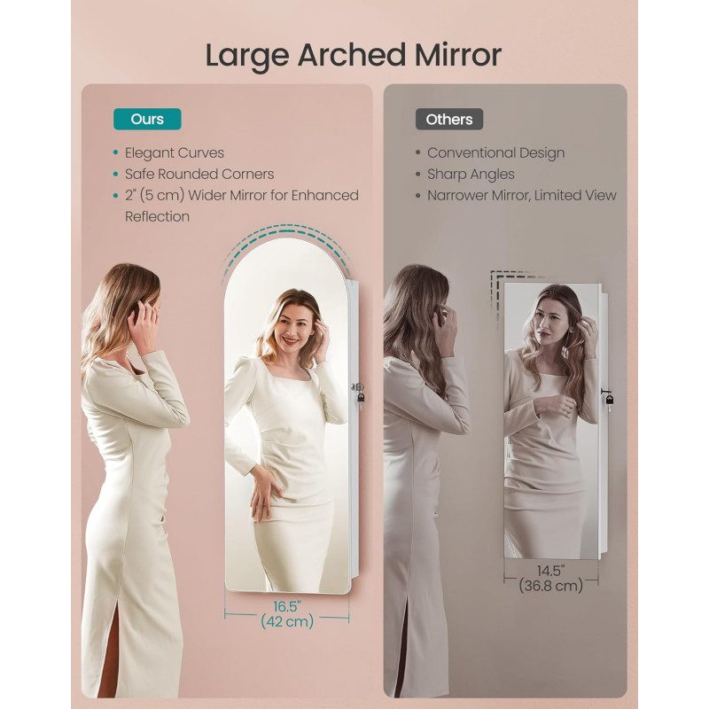 Smyckesskåp med välvd spegel, LED-ljus och förvaring för vägg eller dörr – 108 cm
