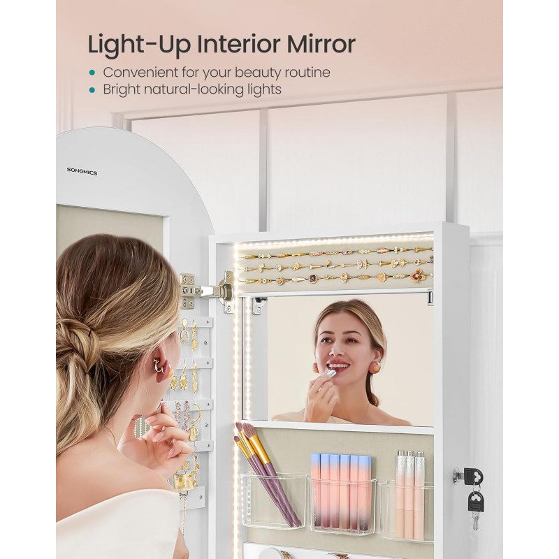 Smyckesskåp med välvd spegel, LED-ljus och förvaring för vägg eller dörr – 108 cm