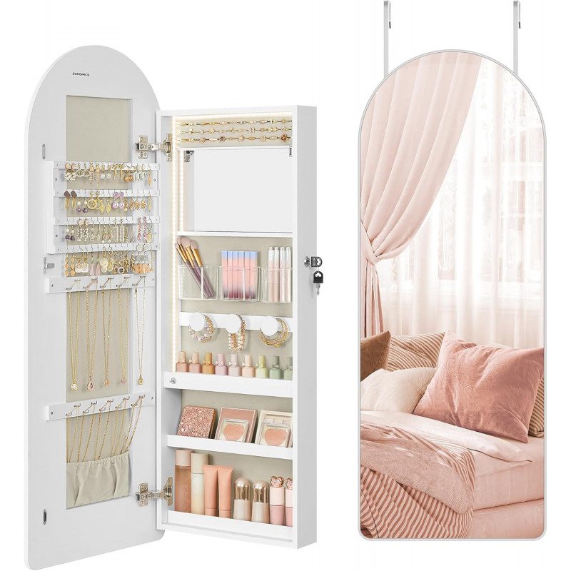 Smyckesskåp med välvd spegel, LED-ljus och förvaring för vägg eller dörr – 108 cm