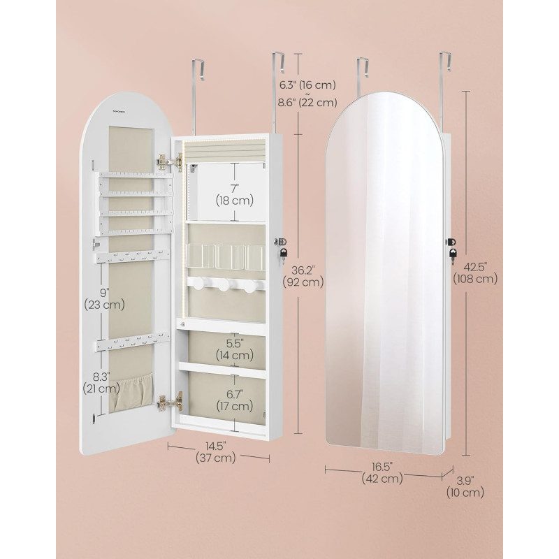 Smyckesskåp med välvd spegel, LED-ljus och förvaring för vägg eller dörr – 108 cm