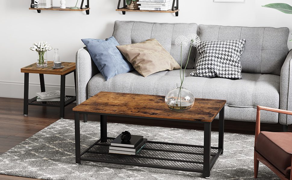 Soffbord i industridesign, tv-bord, vardagsrumsbord, TV-skåp med stor hylla, justerbara fötter, skyddar golvet, med metallram