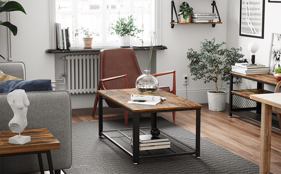 Soffbord i industridesign, tv-bord, vardagsrumsbord, TV-skåp med stor hylla, justerbara fötter, skyddar golvet, med metallram