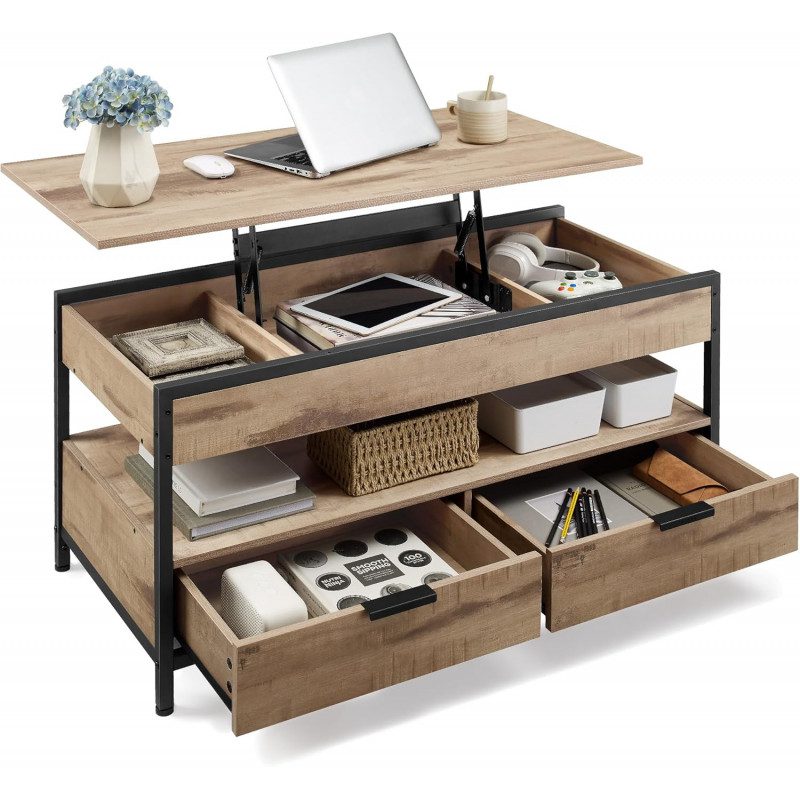 Soffbord med lyftfunktion och 2 lådor i naturlig brun, 100 × 50 × 63 cm