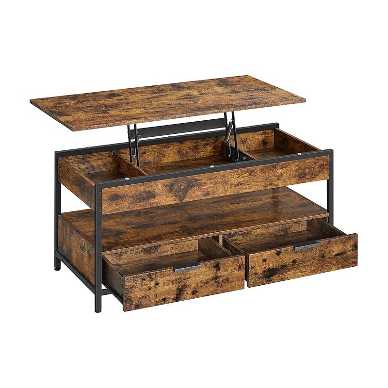 Soffbord med lyftfunktion och 2 lådor i vintage brun, 100 × 50 × 63 cm