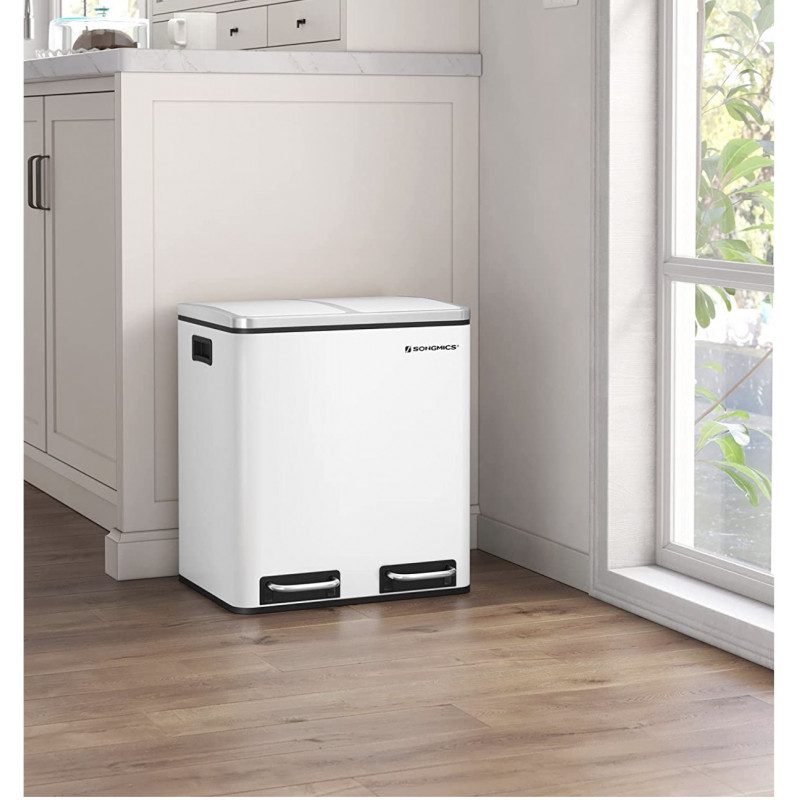 Sopsorteringshink med pedal 2 × 15 liter – rostfritt stål i vitt