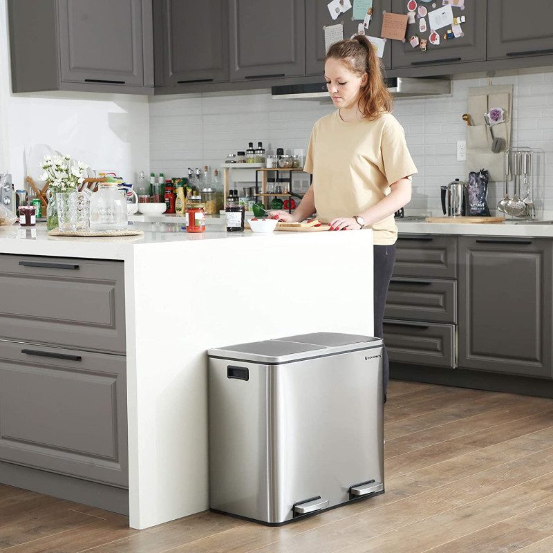 Soptunna med två fack och pedal, rostfritt stål, 48 L (2×24 L)