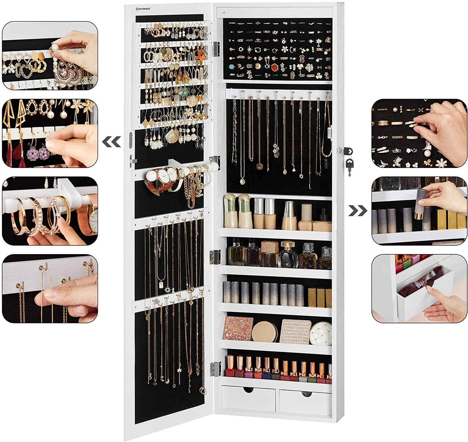 Spegel Med Förvaring Skåp Till Smycken / Smink 120 x 37 x 10 cm - Vit