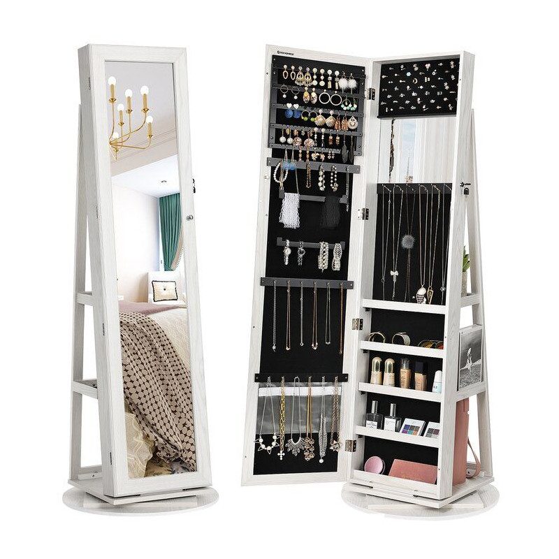 Spegel med inbyggt smyckesskåp och sminkförvaring – vridbar, vit