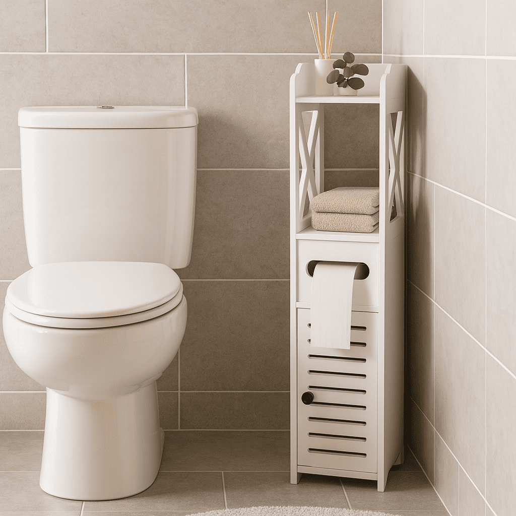 Stående badrumsskåp med toalettpappershållare – smart förvaring med stil