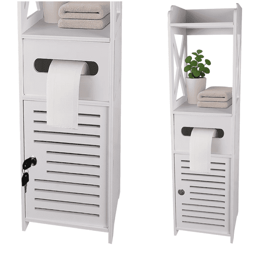 Stående badrumsskåp toalettpappershållare hylla nyckelstolpe