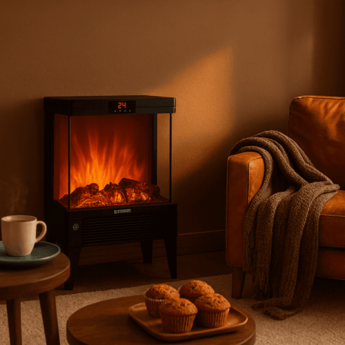 Svart Elektrisk Kamin 2000W med Realistisk 3D-Eldeffekt, LED-Display, Timer och Fjärrkontroll – 52,5 × 32 × 18 cm