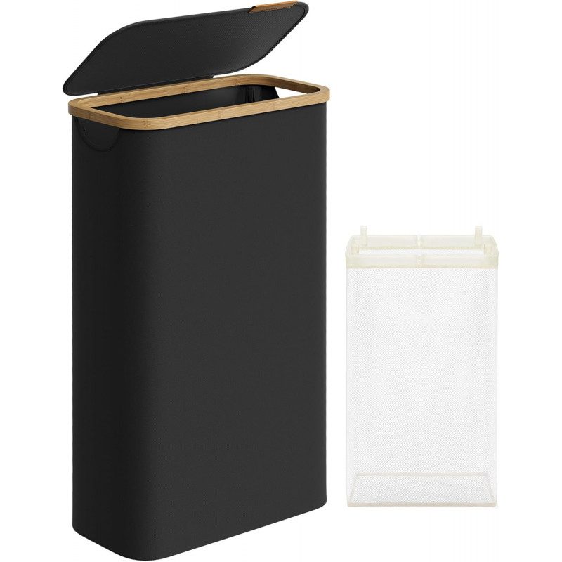 Svart tvättkorg 65 L med lock och innerpåse – 42 × 22,5 × 70,5 cm