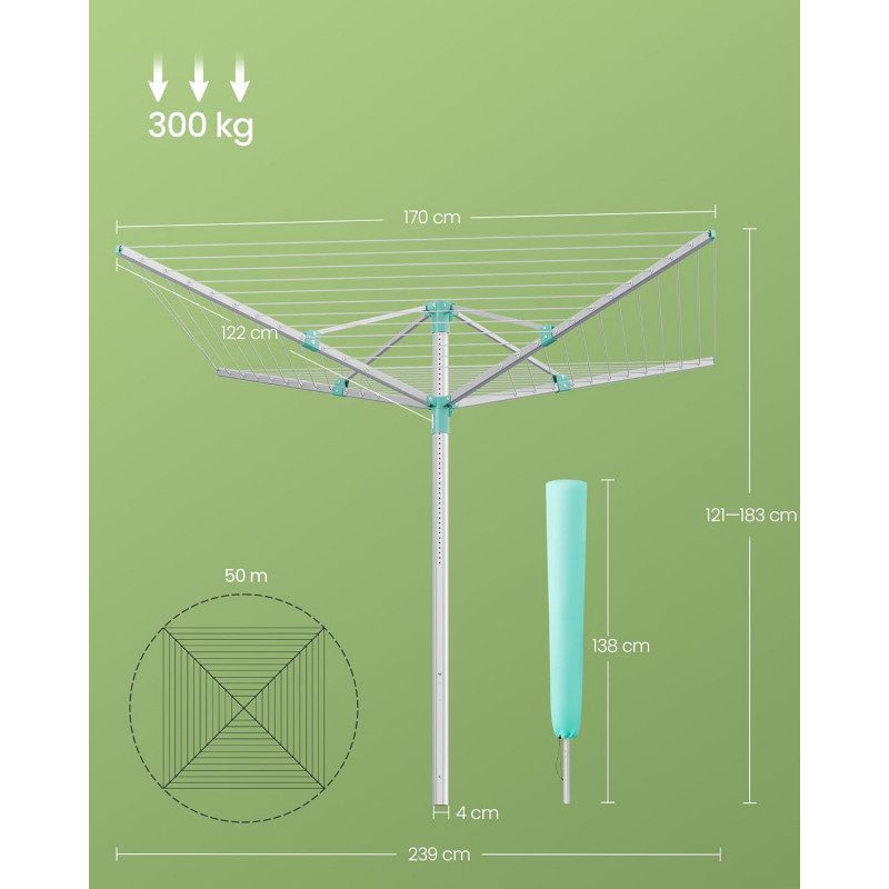 Torkvinda med Höjdjustering och 50 Meter Lina