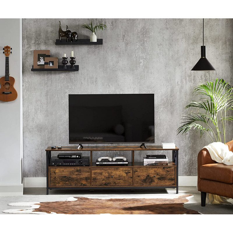 Tv-bänk med 3 lådor i industriell design – 147×40×50 cm, upp till 65”