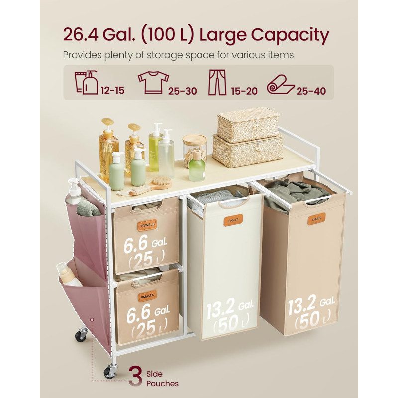 Tvättvagn med 4 Korgar – Rullbar Tvättsortering 150 L, Krämvit