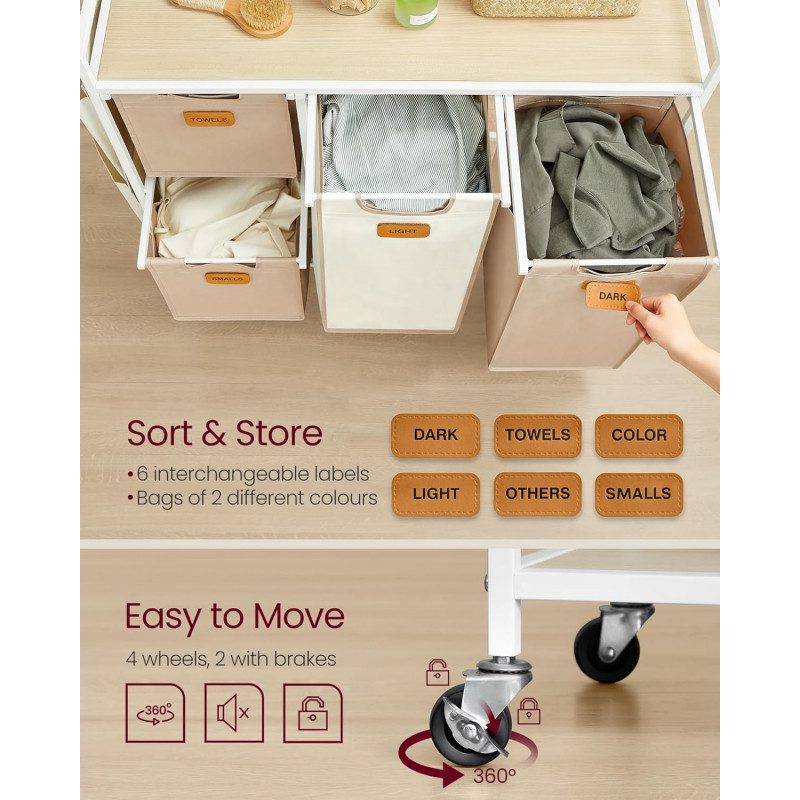 Tvättvagn med 4 Korgar – Rullbar Tvättsortering 150 L, Krämvit