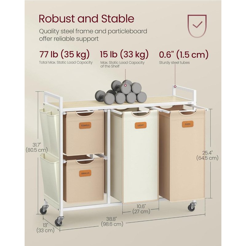 Tvättvagn med 4 Korgar – Rullbar Tvättsortering 150 L, Krämvit
