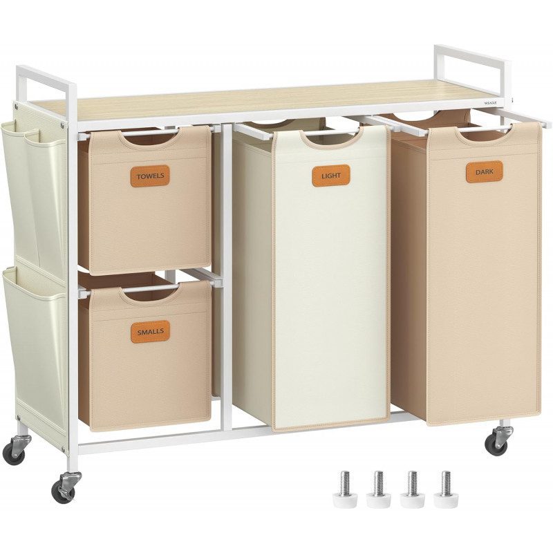 Tvättvagn med 4 Korgar – Rullbar Tvättsortering 150 L, Krämvit