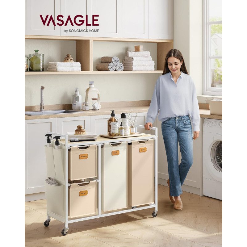 Tvättvagn med 4 Korgar – Rullbar Tvättsortering 150 L, Krämvit