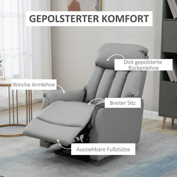 Elektrisk vilfåtölj med ståhjälp & lutningsfunktion – grå recliner i konstläder för seniorer - Bild 4